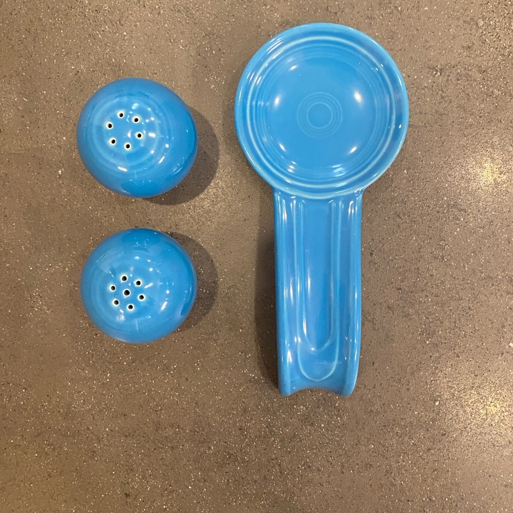 Fiestaware Retired Peacock Salt and Pepper Shakers and Spoon Rest